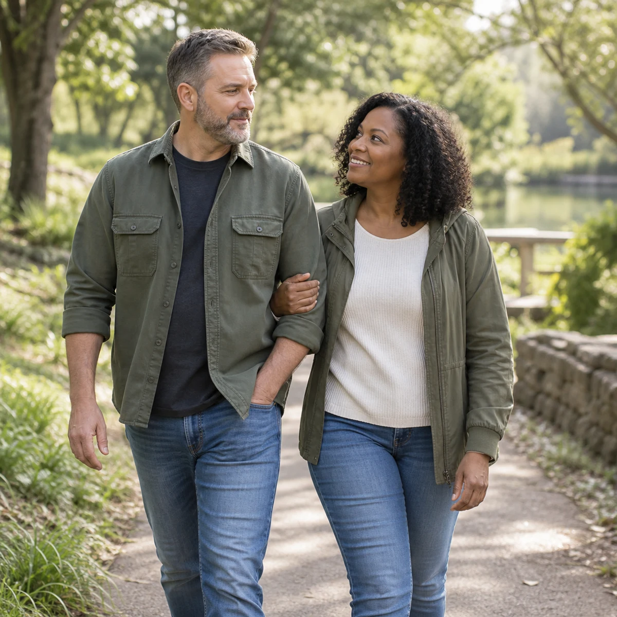 Couple walking outdoors and returning to everyday activities during recovery